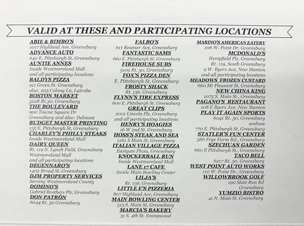 List of participating businesses 